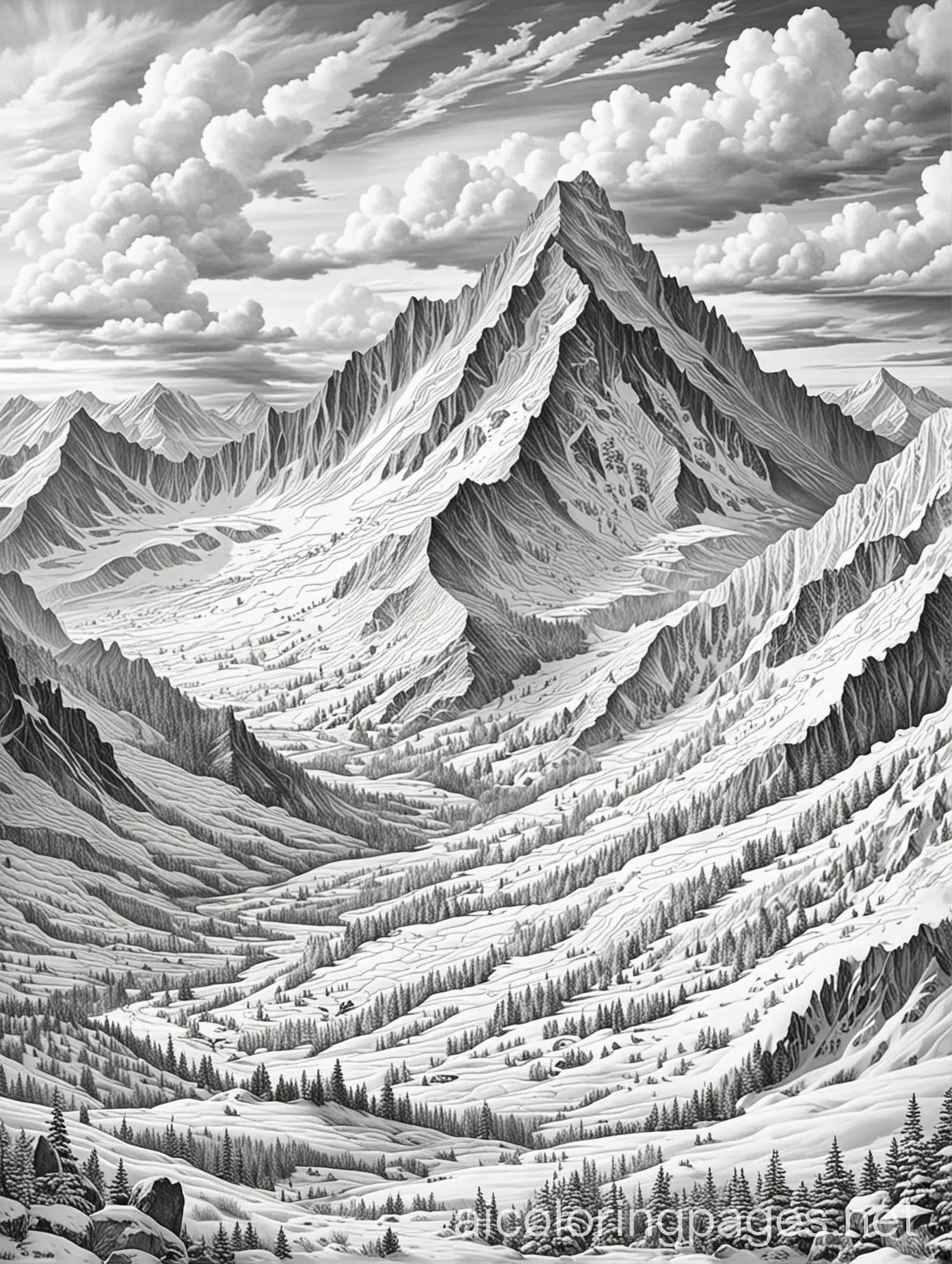 Coloring-Page-of-a-Majestic-SnowCovered-Mountain-Peak