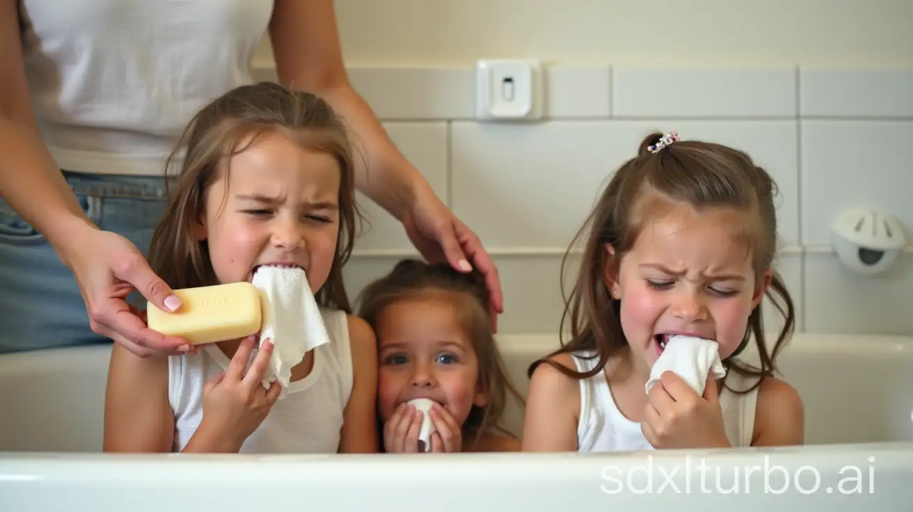 Mother-Cleaning-Little-Girls-Hair-with-Soap-in-Crowded-Bathtub