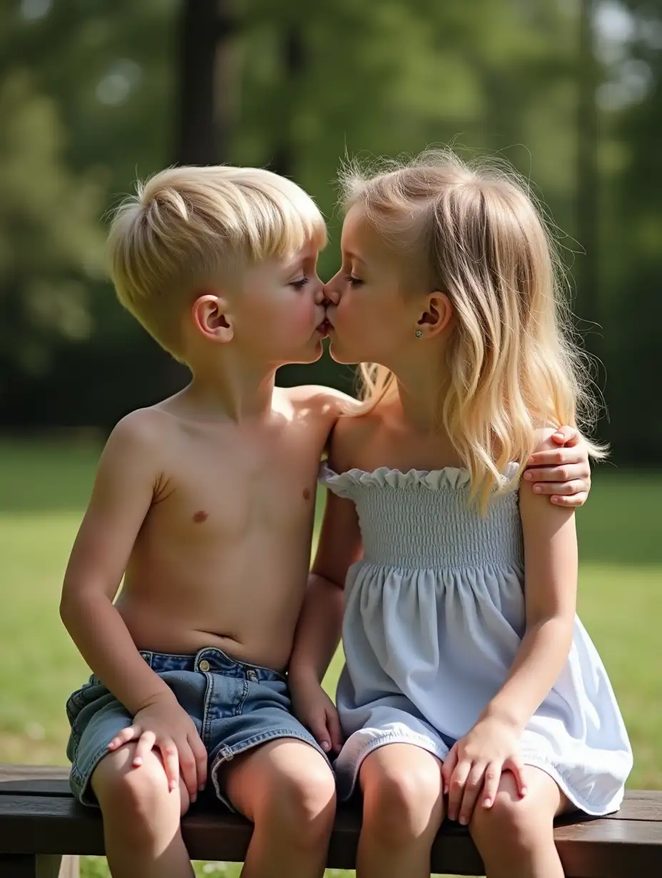 Blonde-Girl-and-Boy-Kissing-on-a-Park-Bench-in-Summer-Outfits