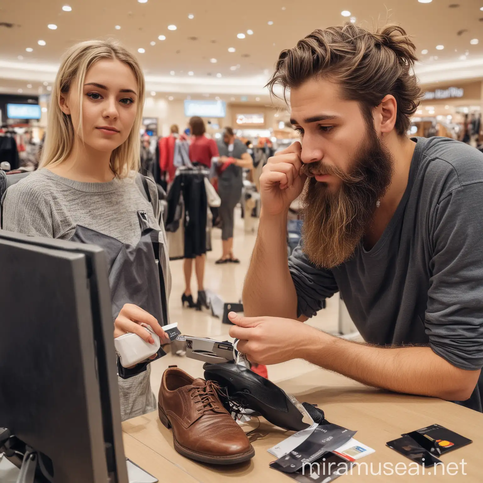 Tired Man Paying for Shoes with Credit Card at Mall