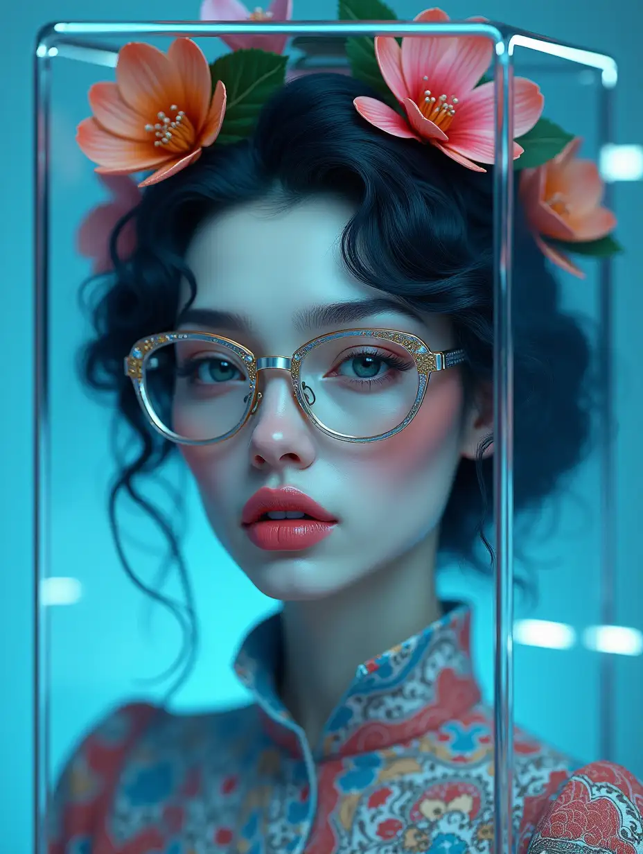 A hyper-realistic digital portrait of a woman with pale percelain cracked delft blue skin, wearing large glasses. Her dark, voluminous  hair is made of colorfull  flowers is elegantly styled. Her expression is intense yet calm, with glossy pink lips and striking eyes. She is dressed in a beautifull Paisley  blouse with silky fabric, reflecting soft highlights. Surrounding her head is a transparent, futuristic glass box with a subtle blue tint, featuring circular reflections and distortions. The background is a smooth gradient, adding depth. The lighting is soft and diffused, creating a cinematic effect. Inspired by Vermeer’s color palette and infused with a contemporary, surreal fashion aesthetic.