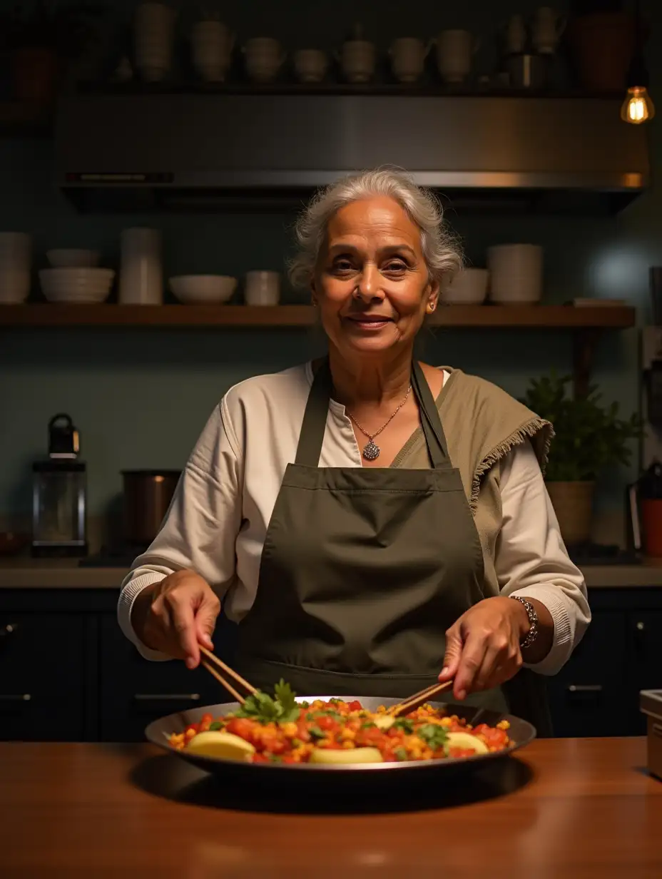 50 year  Gujarati Indian woman making food in restaurant as chef