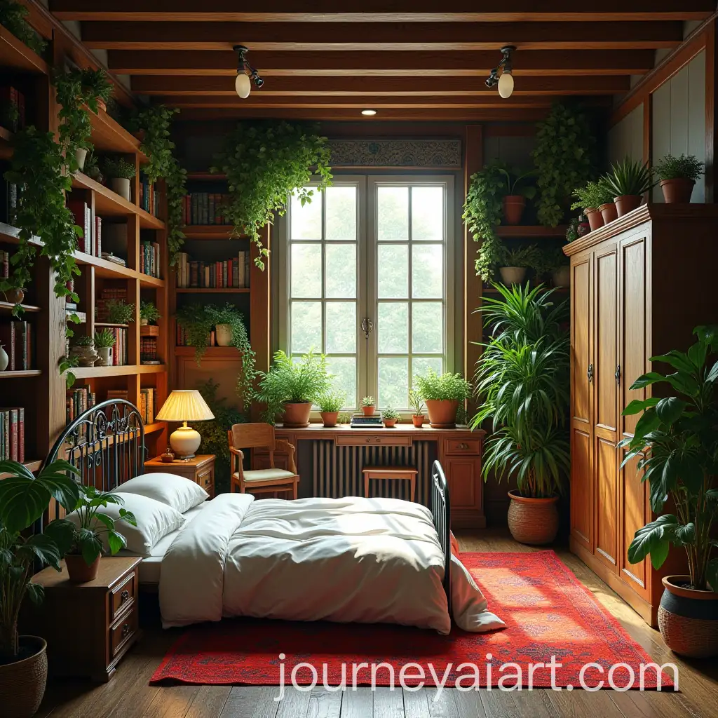 Spacious-Indoor-Room-with-Plants-Wooden-Furniture-and-Cozy-Bed