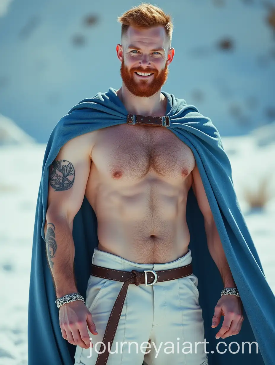 Ginger-Gladiator-with-Pale-Skin-and-Blue-Cape-Shackled-Above-Snow