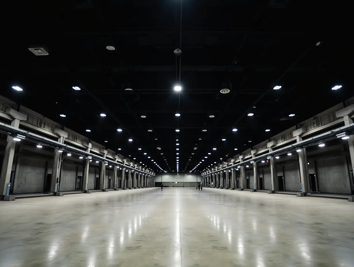 hangar with a high ceiling, black ceiling, round lamps, white pillars, concrete floor, no people