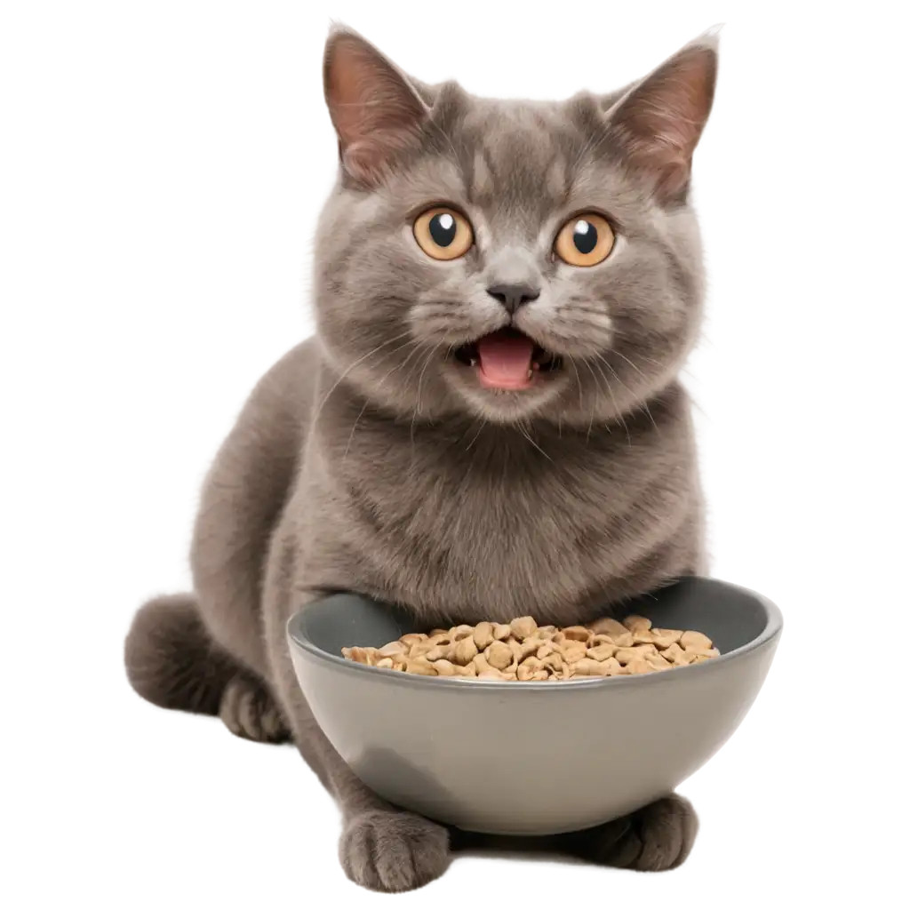 Grey-Happy-Smiling-Cute-Cat-Eating-from-a-Bowl-PNG-Image-for-Maximum-Clarity-and-Detail