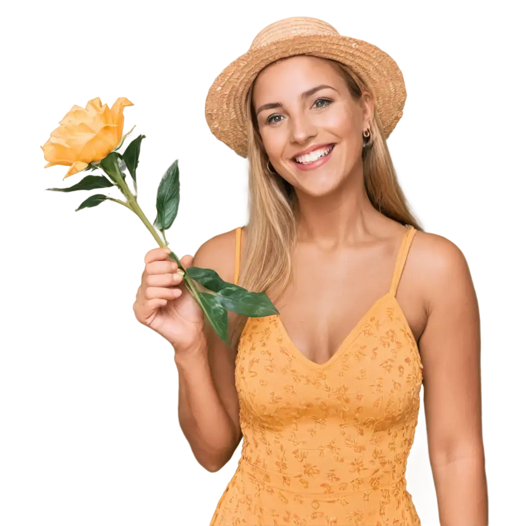 Vibrant-PNG-of-a-Happy-Woman-in-a-Yellow-Dress-Holding-a-Flower