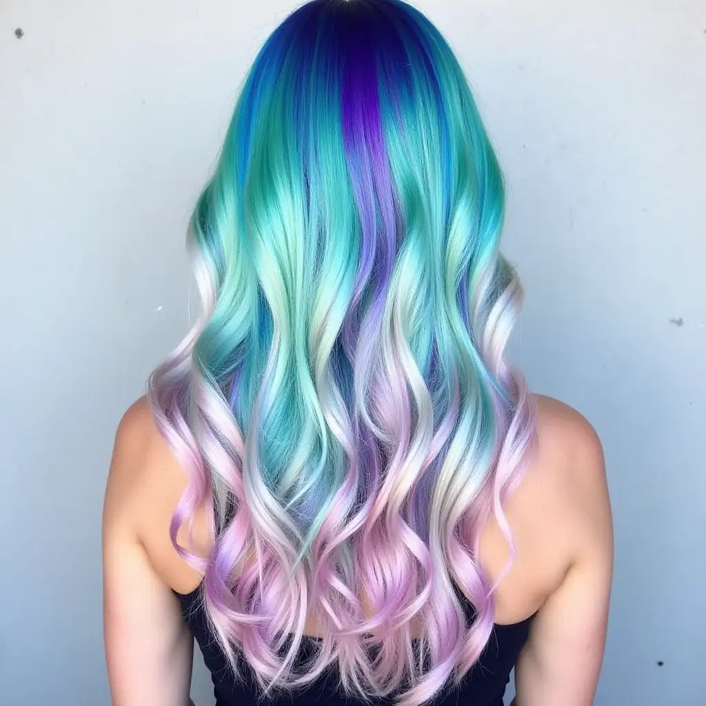 The image shows a person with long, wavy hair, dyed in a multicolored style. The colors present in the hair are vibrant and resemble rainbow shades, including blue, green, purple, pink and some strand of white or clear blond. The mixture of these colors creates a stunning and harmonious visual effect that flows gently between the tones., The bottom of the image is neutral, with a soft gray wall that further highlights the vibrant colors of the hair. In addition, the skin of the person visible on the shoulder seems to be clear and the texture of the hair is smooth and well cared for.