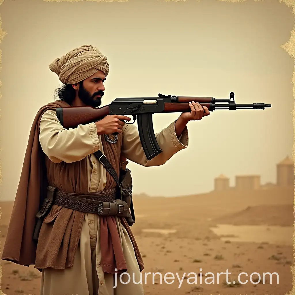 Turbaned-Scientist-Firing-AK47-in-Ancient-1200-AD-Setting