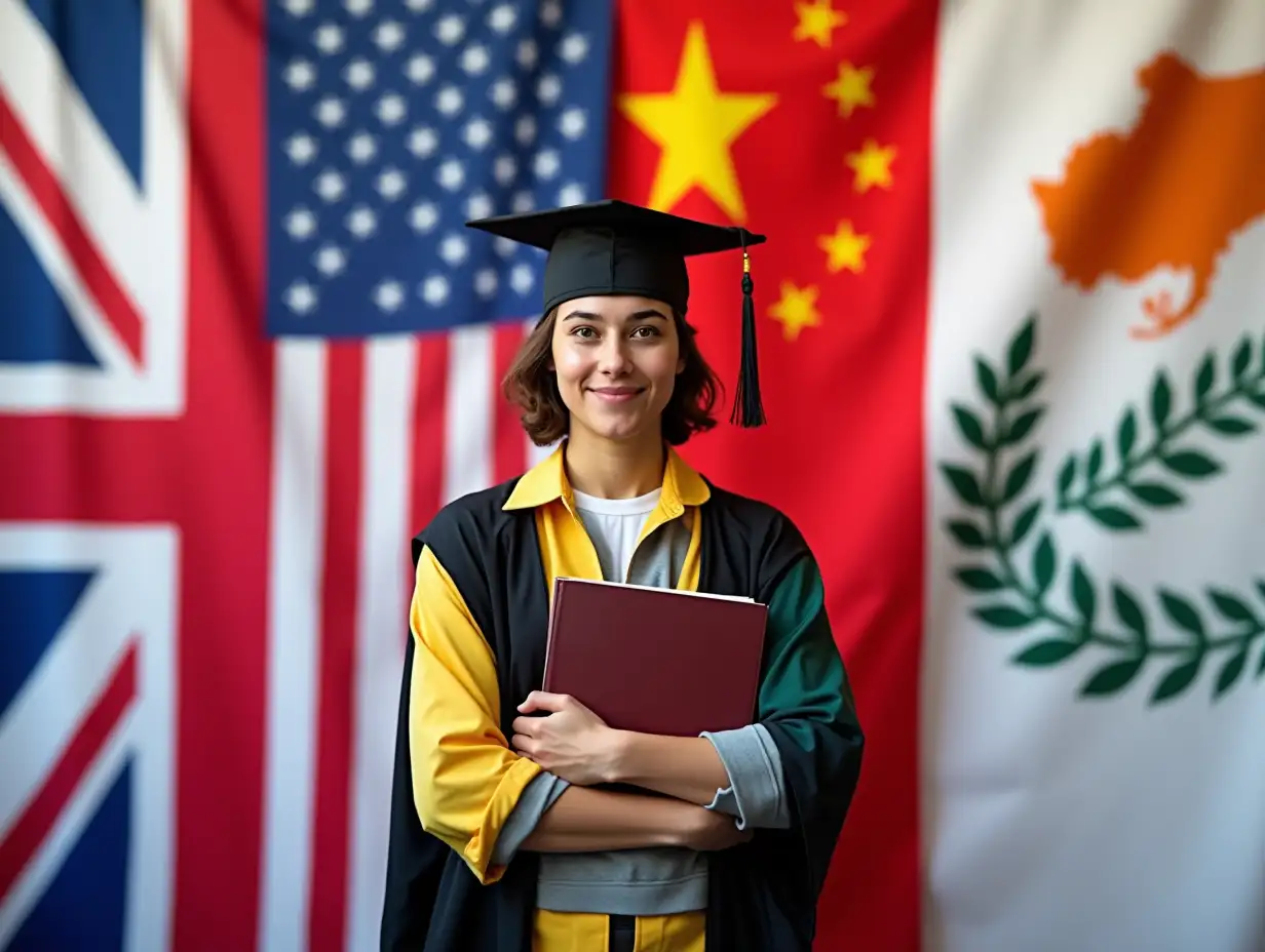 shows the flag of the mentioned countries UK USA China European-Cyprus South Korea and students can represent the post with a scholar cap on their head and books in hands in front 