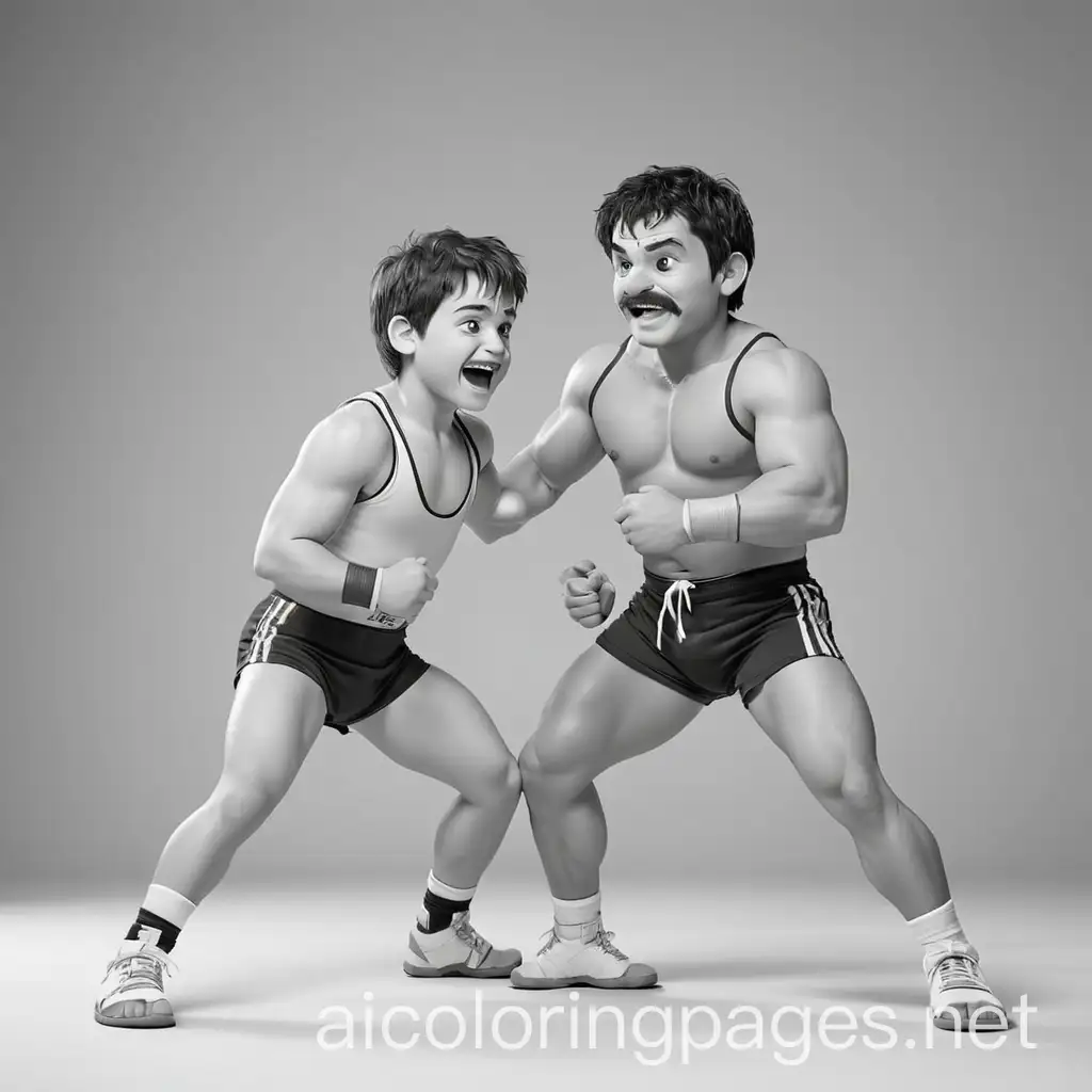 Childrens-Coloring-Page-Simple-Line-Art-Wrestling-Scene