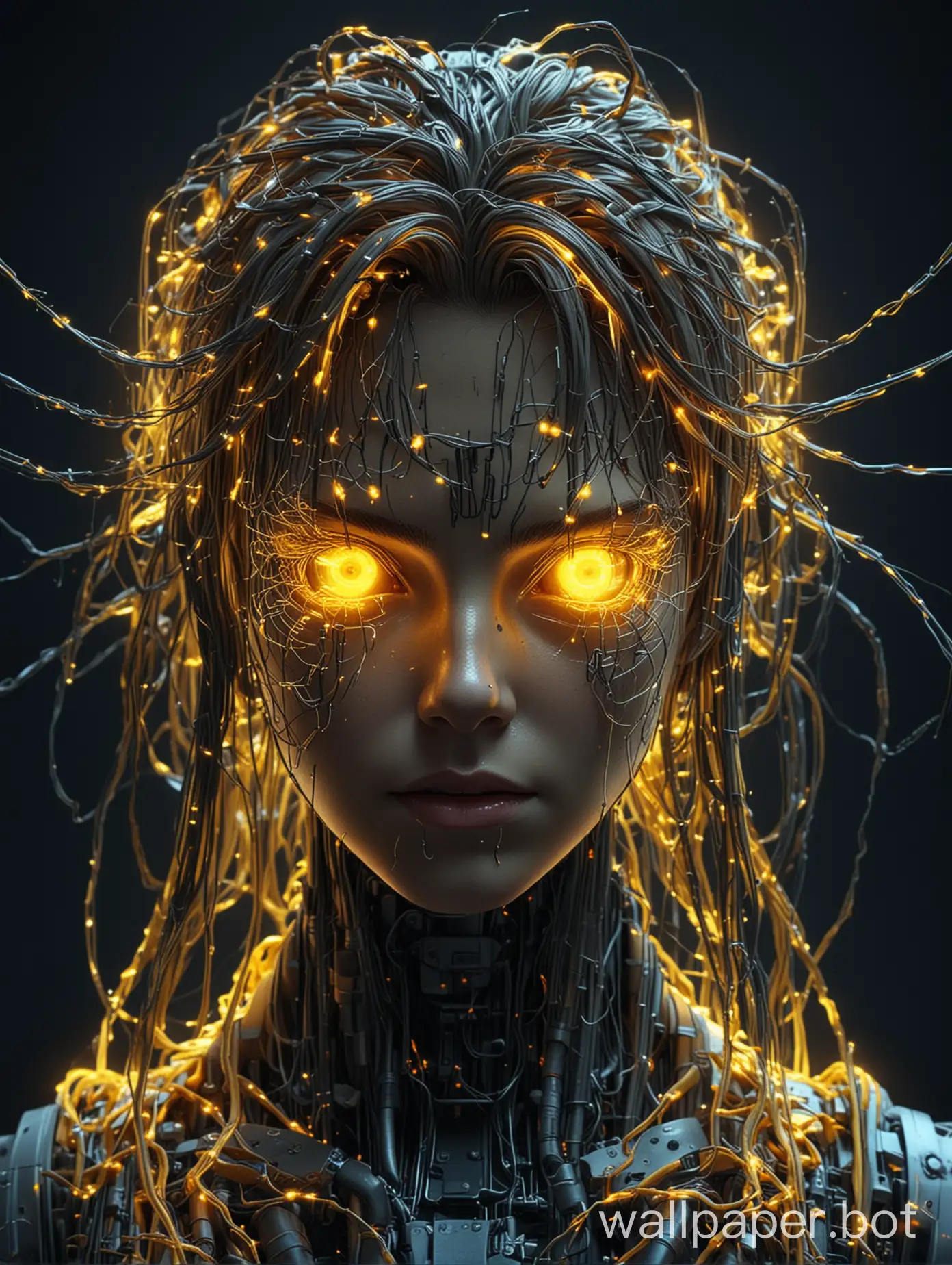 ai wallpaper with yellow glowing eyes and its hair is made of wires . make a wallpaper