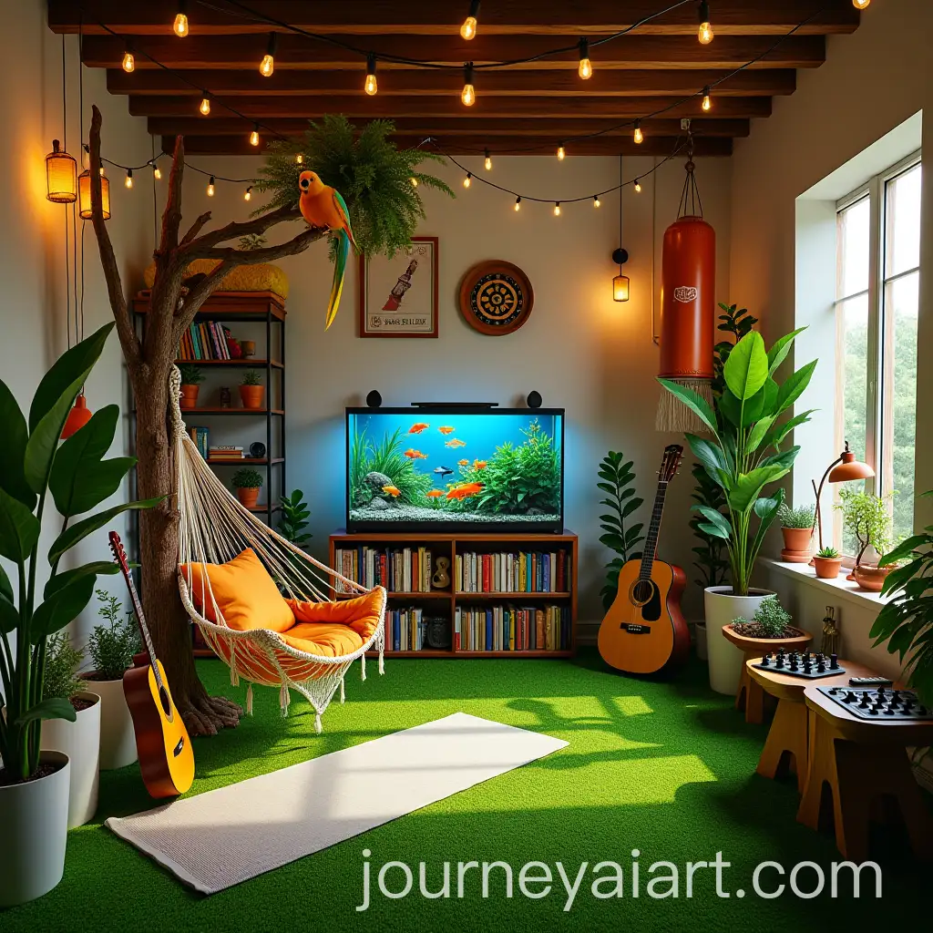 Cozy-MultiPurpose-Room-with-Aquarium-Yoga-Mat-and-Playful-Sun-Conure-Bird