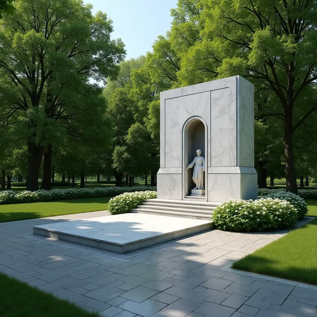 beautiful granite monument on the grave with the image of the chapel in white, near the young man, park, summer, Sochi