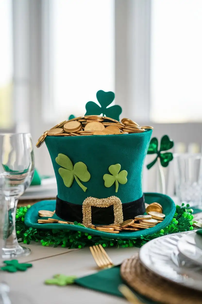 Front shot, realistic St. Patrick's Day decor, a whimsical leprechaun hat overflowing with gold coins and shamrocks, placed on a festive dining table, bright daylight, shallow depth of field, 4k, studio quality