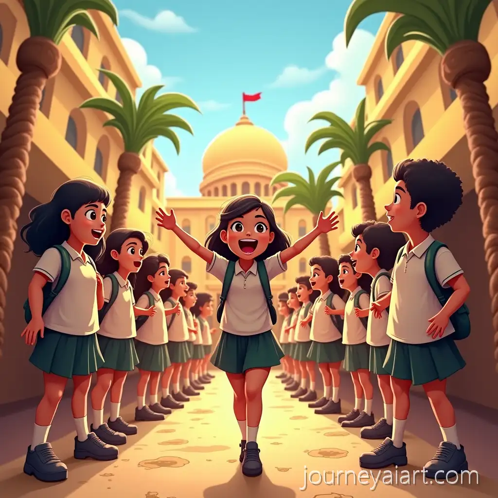 Cartoon-School-Scene-with-Students-in-Uniforms-SpSchool-kids-learning-Egyptreading-Knowledge-of-Egypt