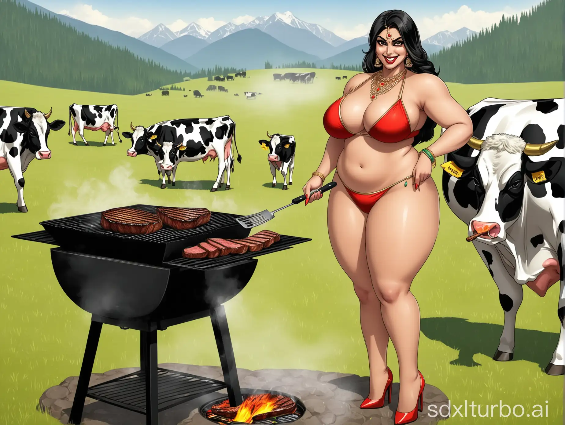 Gorgeous-Indian-Woman-Cooking-Steak-Outdoors-with-Evil-Smile