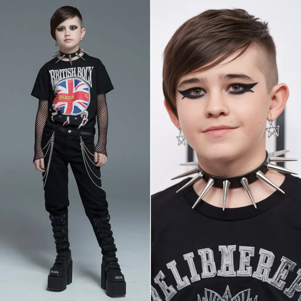 A 12-year-old Haley Joel Osment was allowed to dress up gothic. The boy's friends from school took him shopping for a goth makeover at the mall. After his friends took him shopping the boy and his mates went to the piercing parlor in the mall. He had on black lipstick and black nail polish. His haircut was a jet black medium sideshave that covered up his right eye. He had on a black t shirt with a British rock band on it and black long sleeve fishnet shirt underneath it. His jeans are black Tripp NYC pants with long silver chains coming down the back of them. His shoes are extremely thick knee high goth platforms. He is wearing a black 2 inch long spiked choker and black eyeliner and his ear lobes have medium size silver pentagram earrings dangling from them. Add black spiked wrist bands. Show Haley before and after he changed via a 3 way split image.