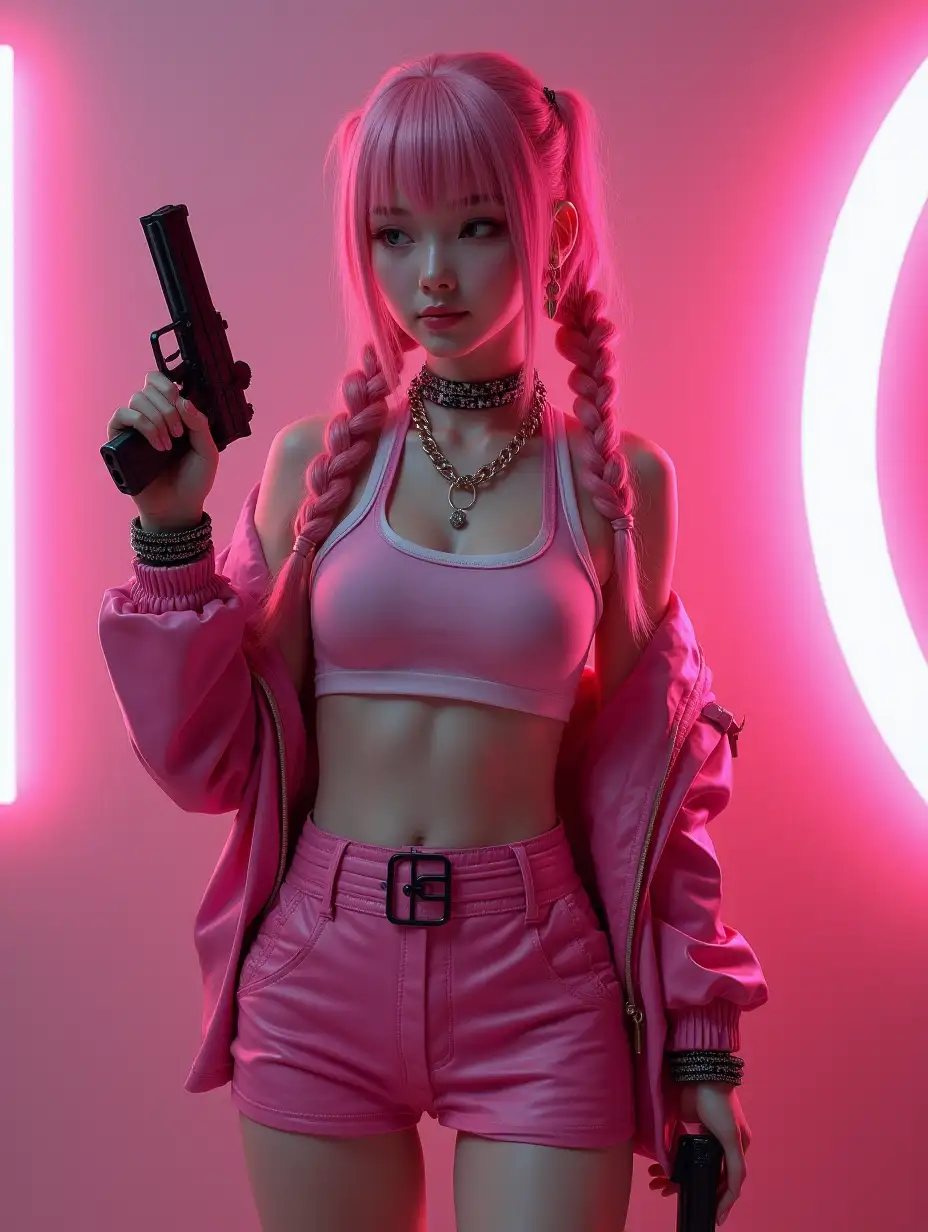 Asia cyberpunk girl, pink mini skirt, pink hair in braids, holding a pistol, talking on a mobile phone, ultra realistic