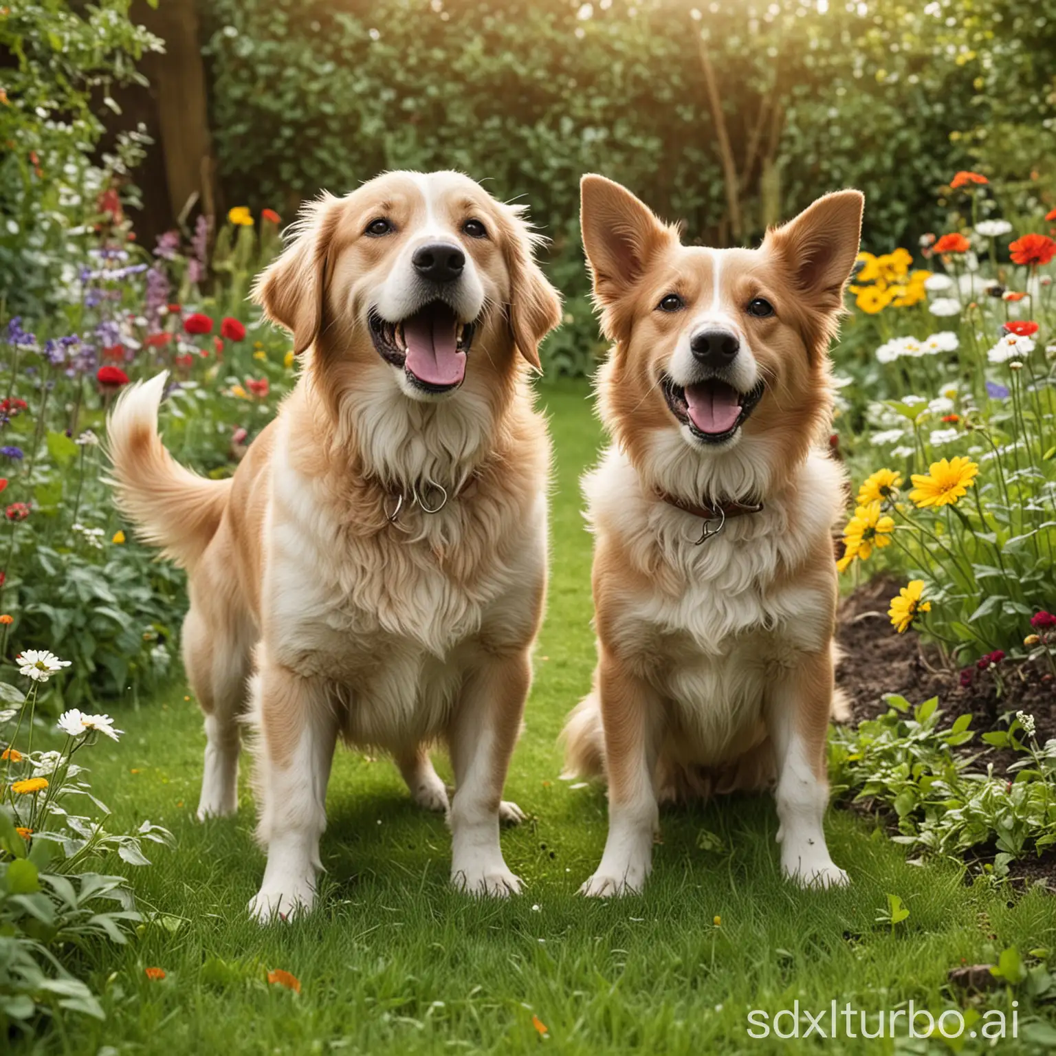 Happy-Dogs-Playing-in-a-Serene-Garden-Setting