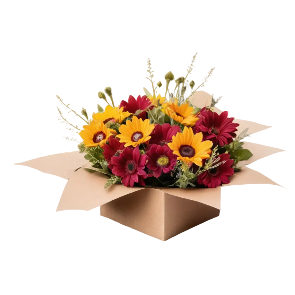 A bouquet of rudbeckia with a brown center and red flowers sticking out of a textured box resembling a present package