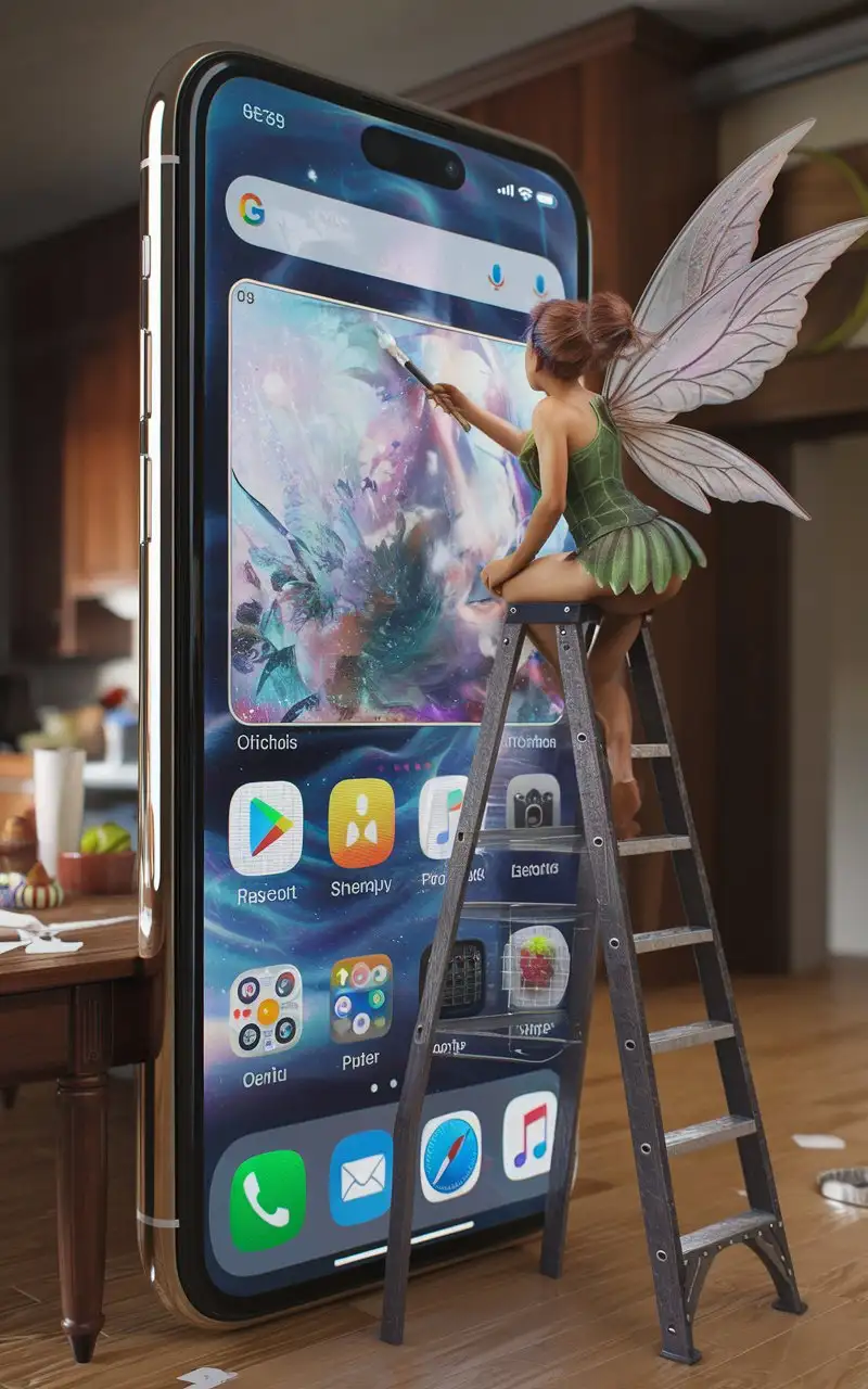 Tiny-Fairy-Drawing-on-Huge-Smartphone-in-Surreal-Kitchen-Scene