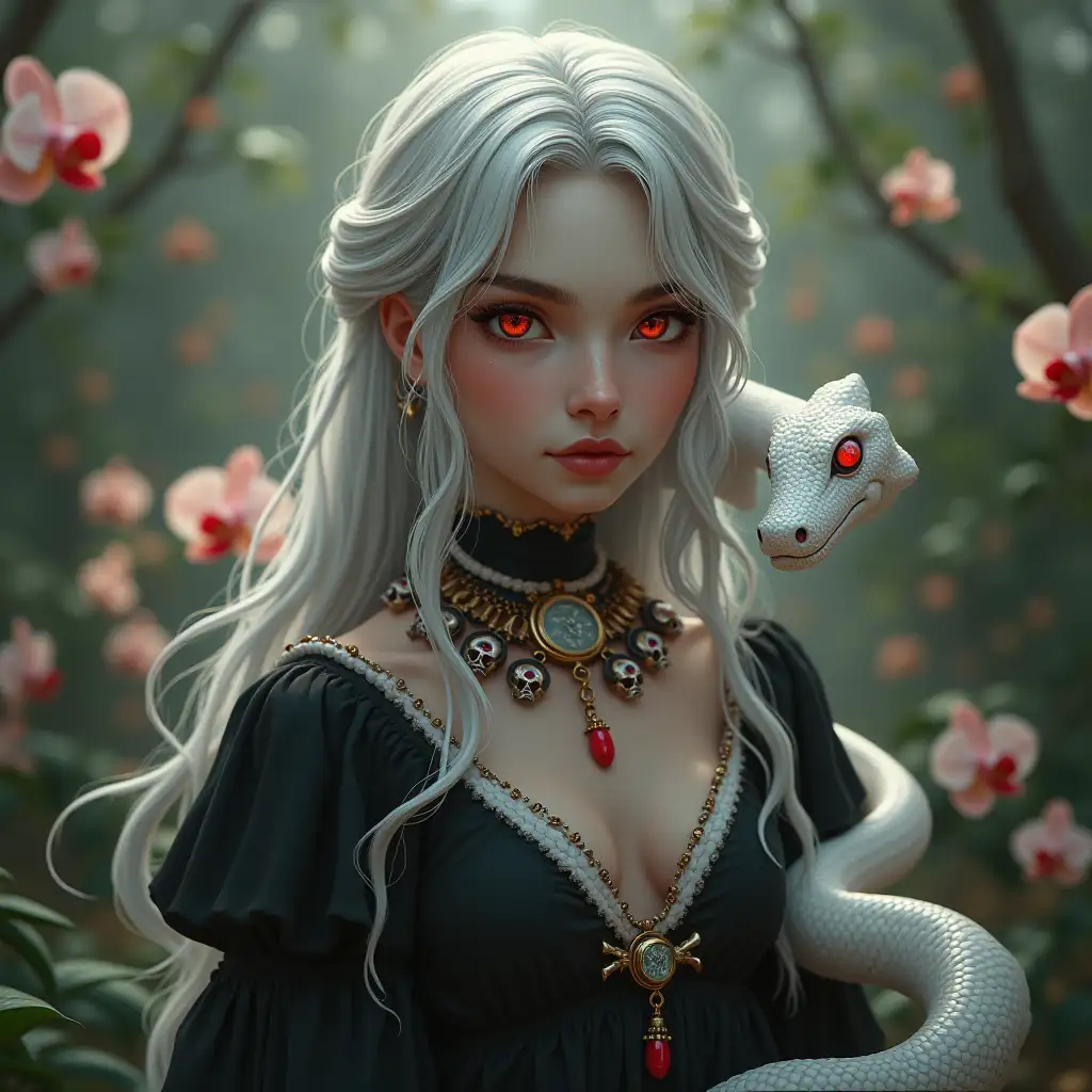 user_prompt: Princess with silver-woven hair, black dress, necklace with red, skulls, white snake with red eyes in a park with orchids Portrait with 75 mm