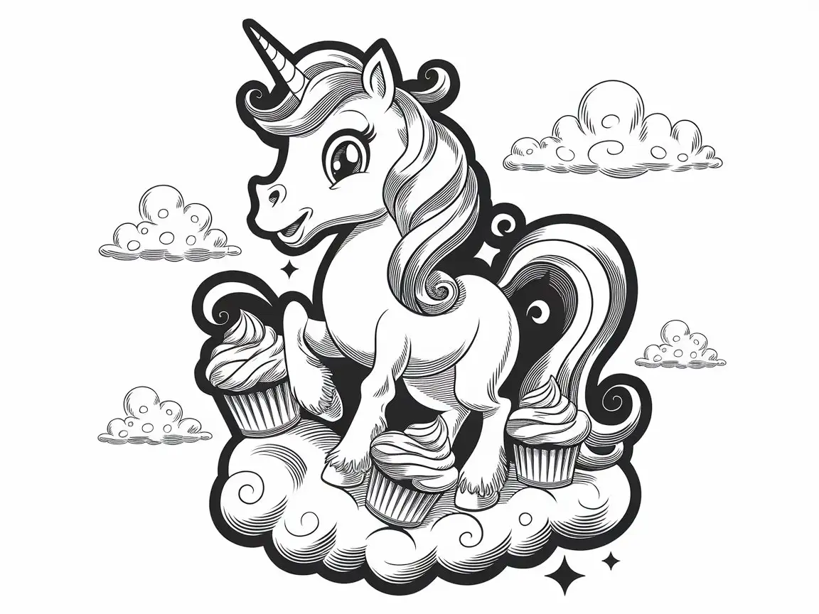 Cartoon Unicorn Graphic Illustration My Little Pony Style with Cupcakes