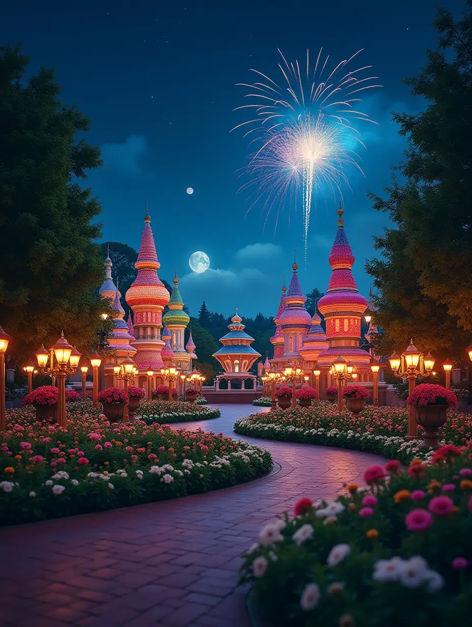 Magical-Disney-Garden-at-Night-with-Fireworks-and-Cozy-Buildings-Wrapped-in-Knitted-Yarn