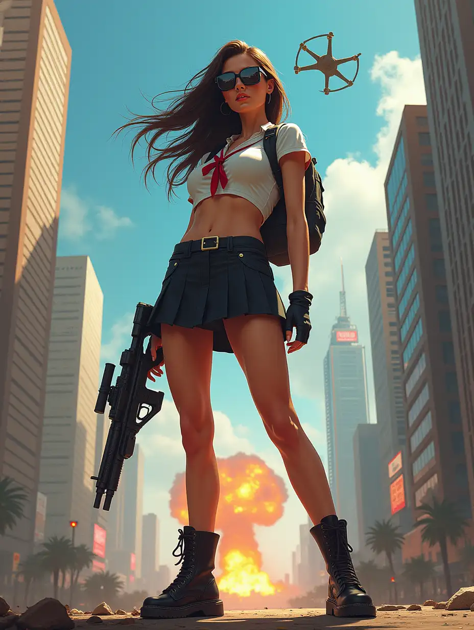 Wide-angle digital painting, (Beautiful woman in stylish school uniform, midriff showing, short skirt, combat boots, and targeting system glasses : 1.3), Triangular composition, Dynamic full-length pose, Confident expression, (Armed mercenary: 1.3), Gun grip, Supporting pose, City background, Skyscrapers in the distance, nuclear explosion in extreme distance, two small targeting drones above, (Bright sunlight: 1.2), Sharp contrasts, Bold colors, Clear details. female mercenary in cool cyberpunk style in colorful fantasy style, realism, post-apocalyptic landscape, cartel, bald rod, oil painting, rod Nostalgia, strong emotions, low angle, high detail, sharp focus