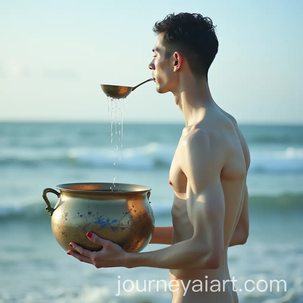 Nude-Man-Holding-Painted-Metal-Pots-by-the-Sea