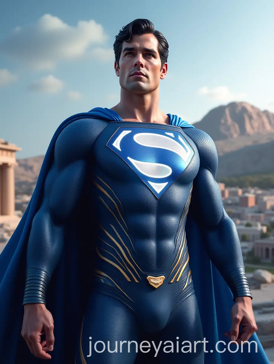 Superman-in-Modern-Greek-FlagInspired-Suit-Stands-Heroically-at-Parthenon