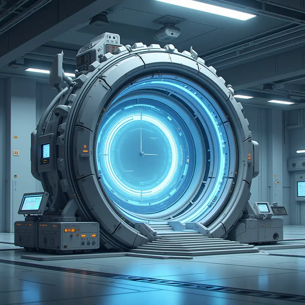 Create a futuristic portal machine in an open, spacious environment. The machine features a sleek, high-tech design with smooth curves and a metallic finish. At its center, a large, glowing circular portal emits radiant light, surrounded by intricate machinery and energy conduits. Include advanced control panels with holographic displays, buttons, and levers that appear interactive. Add floating screens showing data and maps around the machine. The open setting should be illuminated with ambient light, emphasizing the innovative and awe-inspiring technology. Anime style