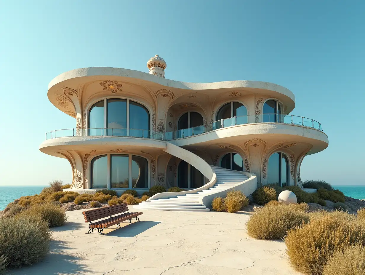 Crooked house with people at the beach  Plant decoration with stucco in the form of plant ornaments, large windows with glass closed, curved, smooth window shapes, winding large entrance staircase made of marble complex, curved roof with dike, lanterns, bench on the beach with lending view to the sea 4K resolution colorful super wide-angle shots