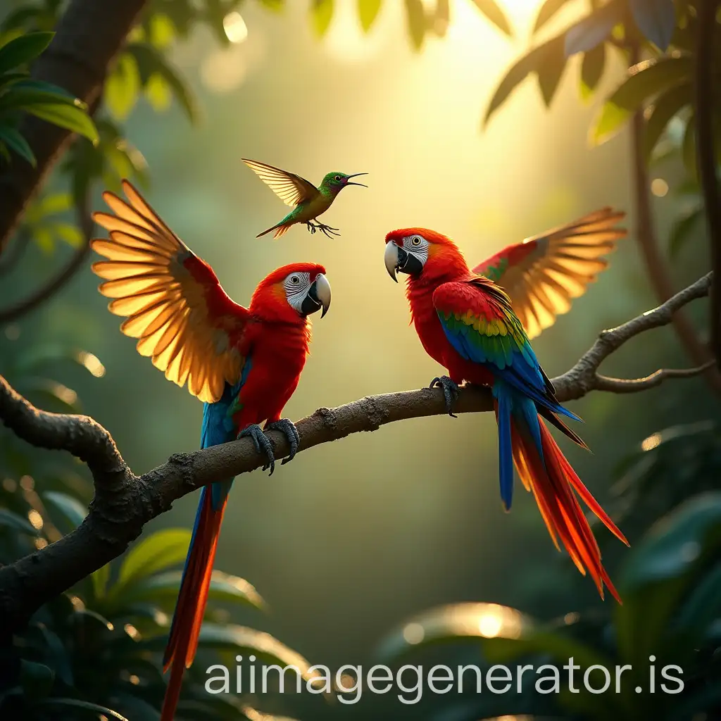 Create a vivid, enchanting scene of two real birds engaging in a synchronized dance and song performance. The birds are perched on a sun-dappled branch in a lush, tropical forest. One is a vibrant scarlet macaw with iridescent feathers, bobbing its head rhythmically while emitting melodic, flute-like calls. The other is a golden-tailed sapphire hummingbird, hovering mid-air with rapid wingbeats, chirping a high-pitched, harmonic tune in response. Their movements are playful and coordinated—twirling, hopping, and mirroring each other’s gestures as shafts of golden sunlight filter through the canopy. Around them, dewdrops glisten on leaves, and faint bioluminescent flowers pulse softly to the rhythm of their song. Capture the whimsical energy of their duet, blending realism with a touch of magical realism.