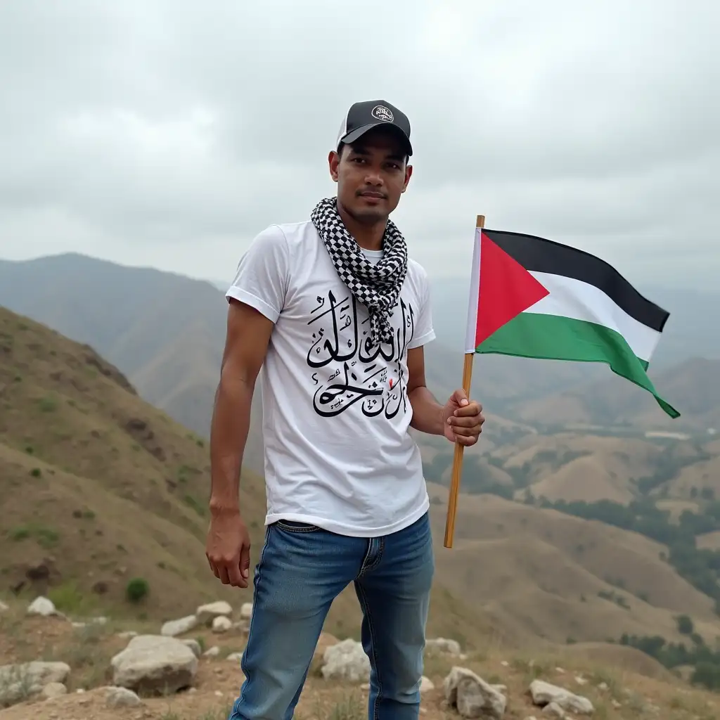 Indonesian-Man-Holding-Palestinian-Flag-on-Rocky-Hill-with-Arabic-Calligraphy-Shirt