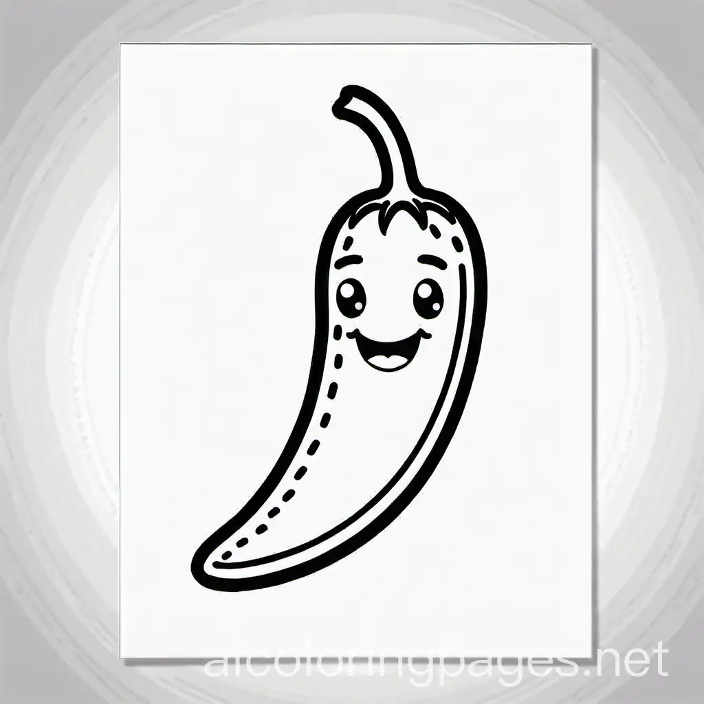 black and white coloring page with a kawaii jalapeno. Coloring Page, black and white, line art, white background, Simplicity, Ample White Space. The background of the coloring page is plain white to make it easy for young children to color within the lines. The outlines of all the subjects are easy to distinguish, making it simple for kids to color without too much difficulty