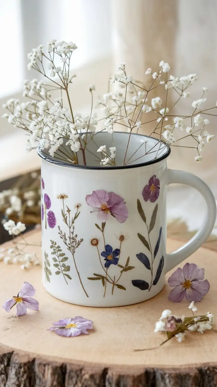 Cottagecore-White-Mug-Decorated-with-Pressed-Flowers-and-Botanical-Illustration