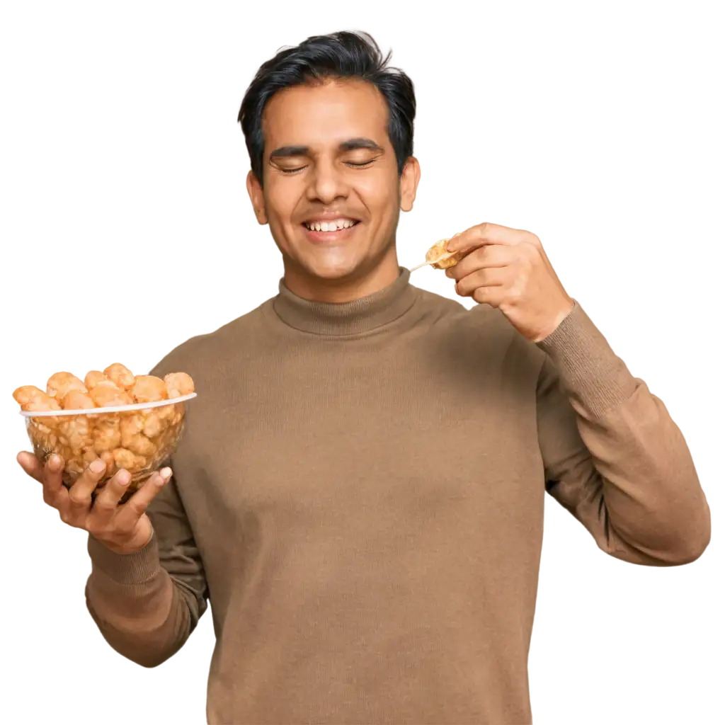 A man eating a Pani Puri with an expression of pure joy and delight. His eyes are slightly closed, and his face shows excitement as he takes a bite. The focus should be on the Pani Puri—golden, crispy, and filled with spicy water, with tiny droplets splashing as he bites into it. The background should be blurred, giving a vibrant Indian street food stall ambiance, with warm lighting enhancing the scene. From front side 