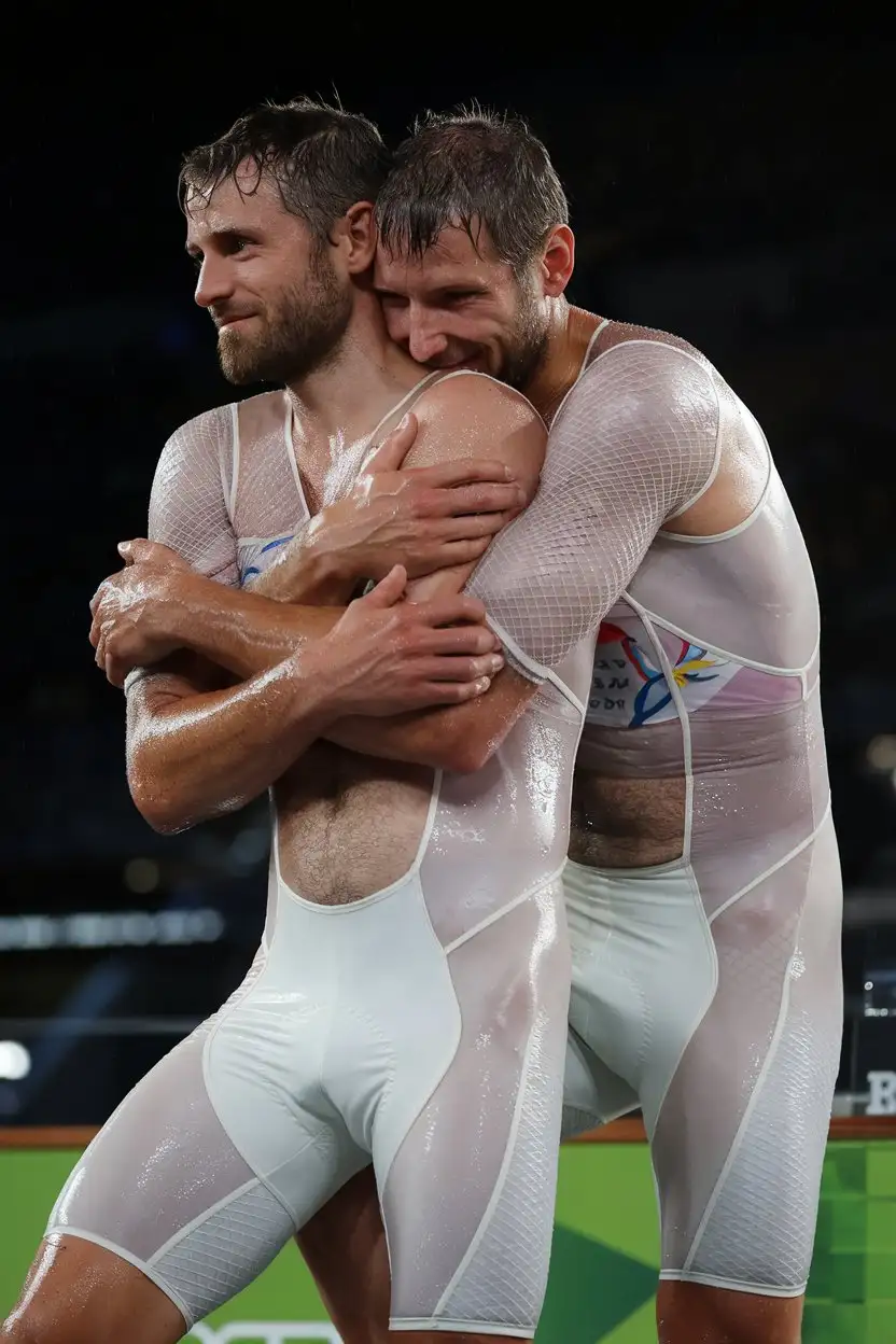 Two hairy men, in white translucent and wet cycling gear, they tightly hug each other, a hug from behind, on the Olympic podium, almost night, Team RGUI31