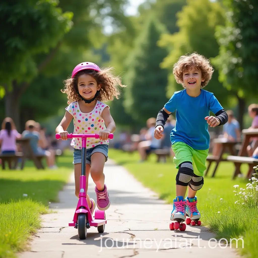 Children-Playing-in-the-Park-on-Scooters-and-Roller-Skates