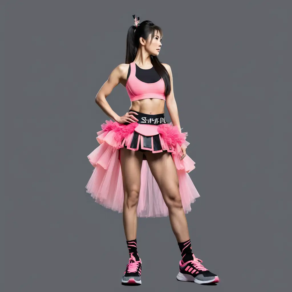 Japanese Woman Bodybuilder in Samurai Armor and Ballet Tutu