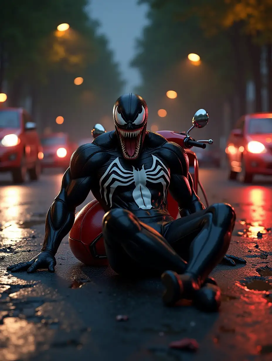 A highly detailed 3D-rendered image of Venom sitting on the ground after crashing his red scooter in an urban street at night. Venom, the muscular symbiote with sharp teeth and tendrils, appears injured but furious, with cracks in the pavement and debris scattered around. The red scooter is slightly damaged, resting behind him with bent mirrors and scratches. The scene is illuminated by streetlights and headlights from approaching cars, creating a cinematic atmosphere with reflections on Venom’s glossy black suit. The background features a tree-lined street with red cars in motion, adding depth and realism to the dramatic moment.