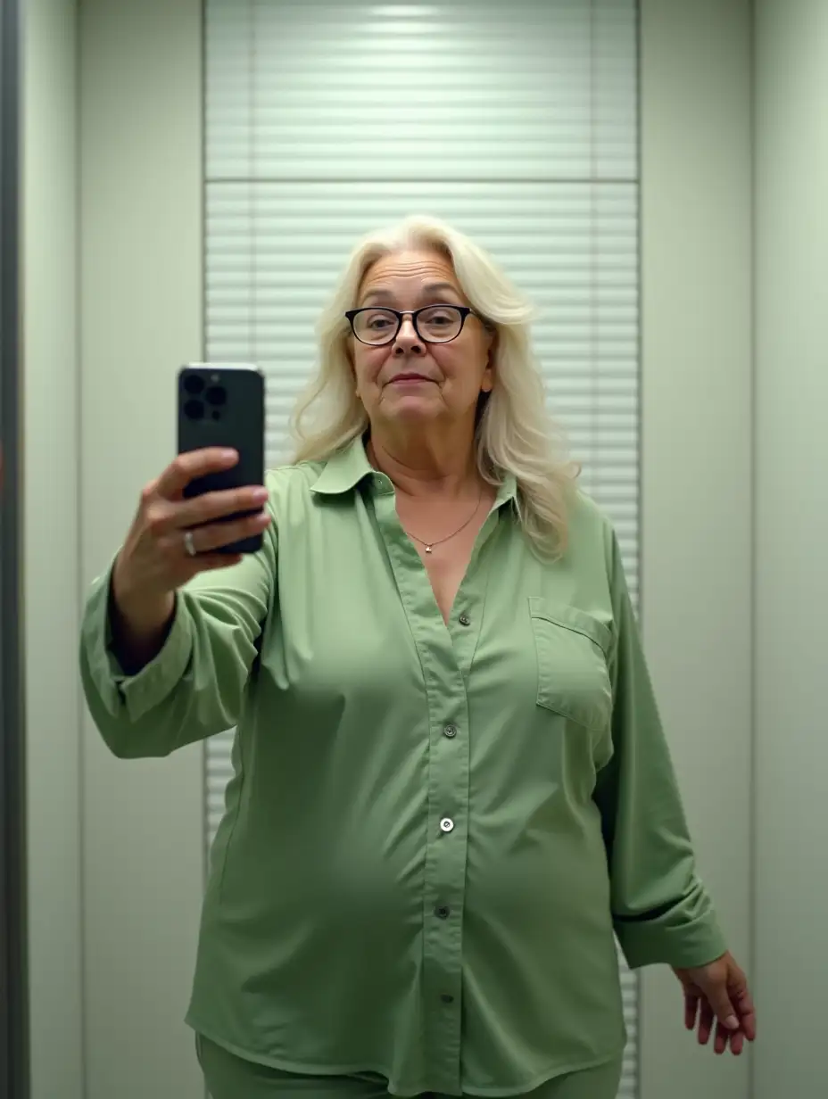 Platinum-Blonde-Woman-in-Light-Green-Robe-Taking-Mirror-Selfie-in-Bright-Fitting-Room