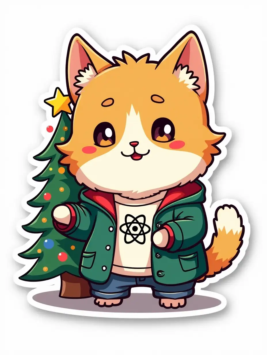 kawaii positive little shaggy cat in Academic clothes next to the Christmas tree with of an atom symbol on t-shirt, vibrant and dynamic die cut sticker design top-view, high resolution, vector art,  white background, paint in anime style