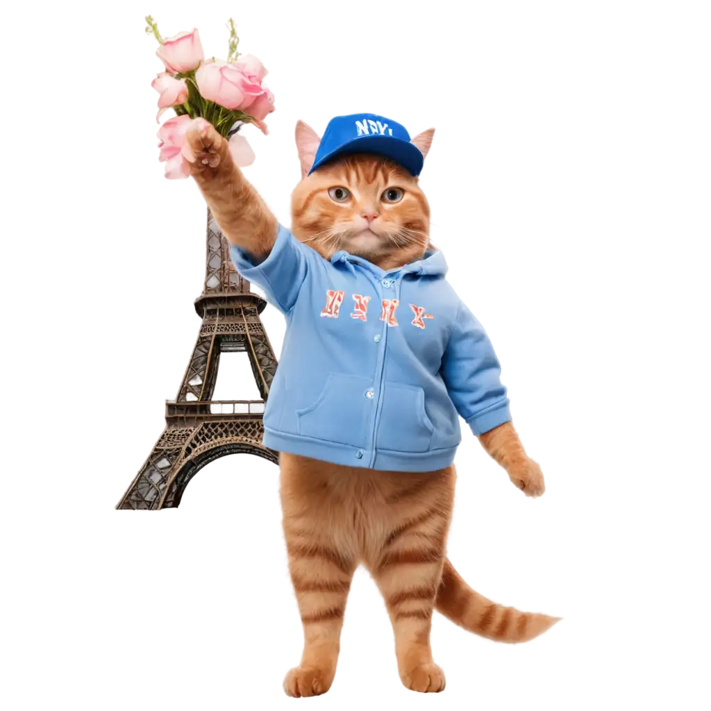 PNG-Image-of-Cute-Orange-Cat-in-NY-Baseball-Cap-with-Sunglasses-and-Flowers-at-Eiffel-Tower