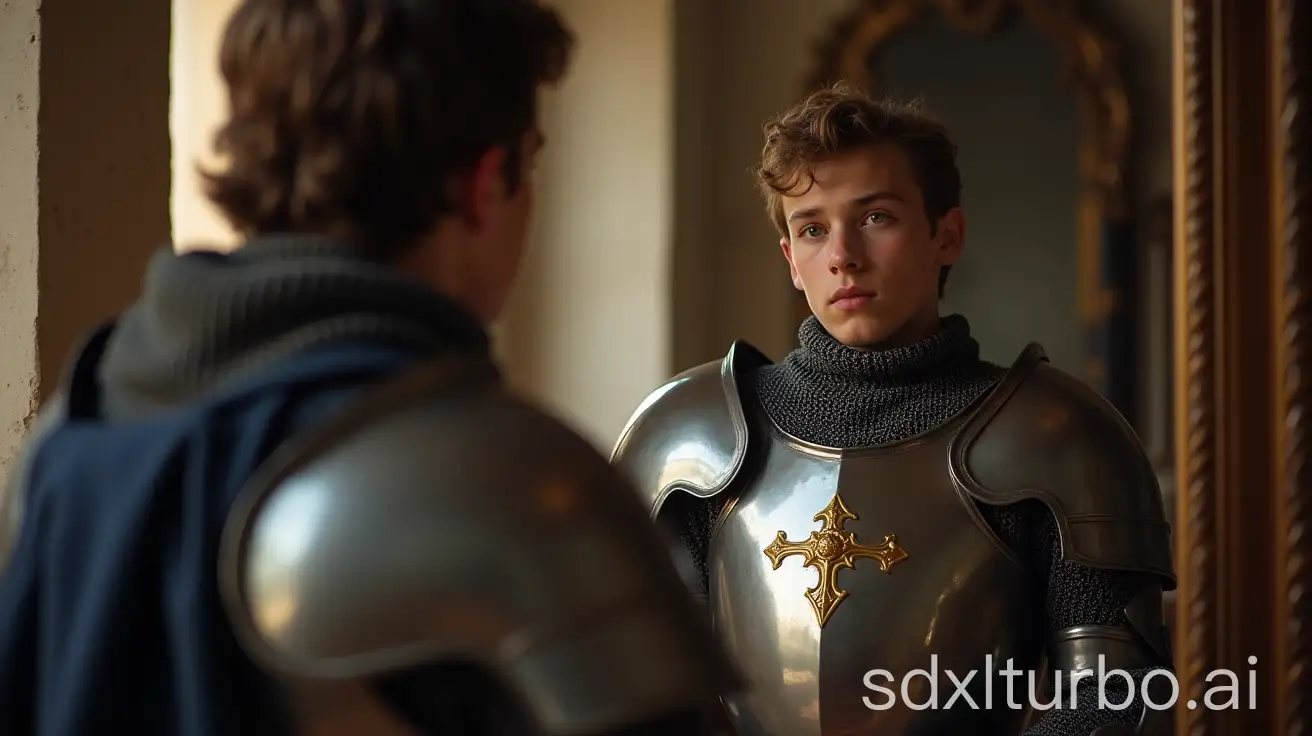 young knight wearing medieval armor looking at himself in a mirror