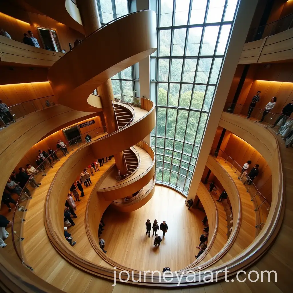 Large-Wooden-Spiral-Staircase-Enclosed-in-Glass-with-People