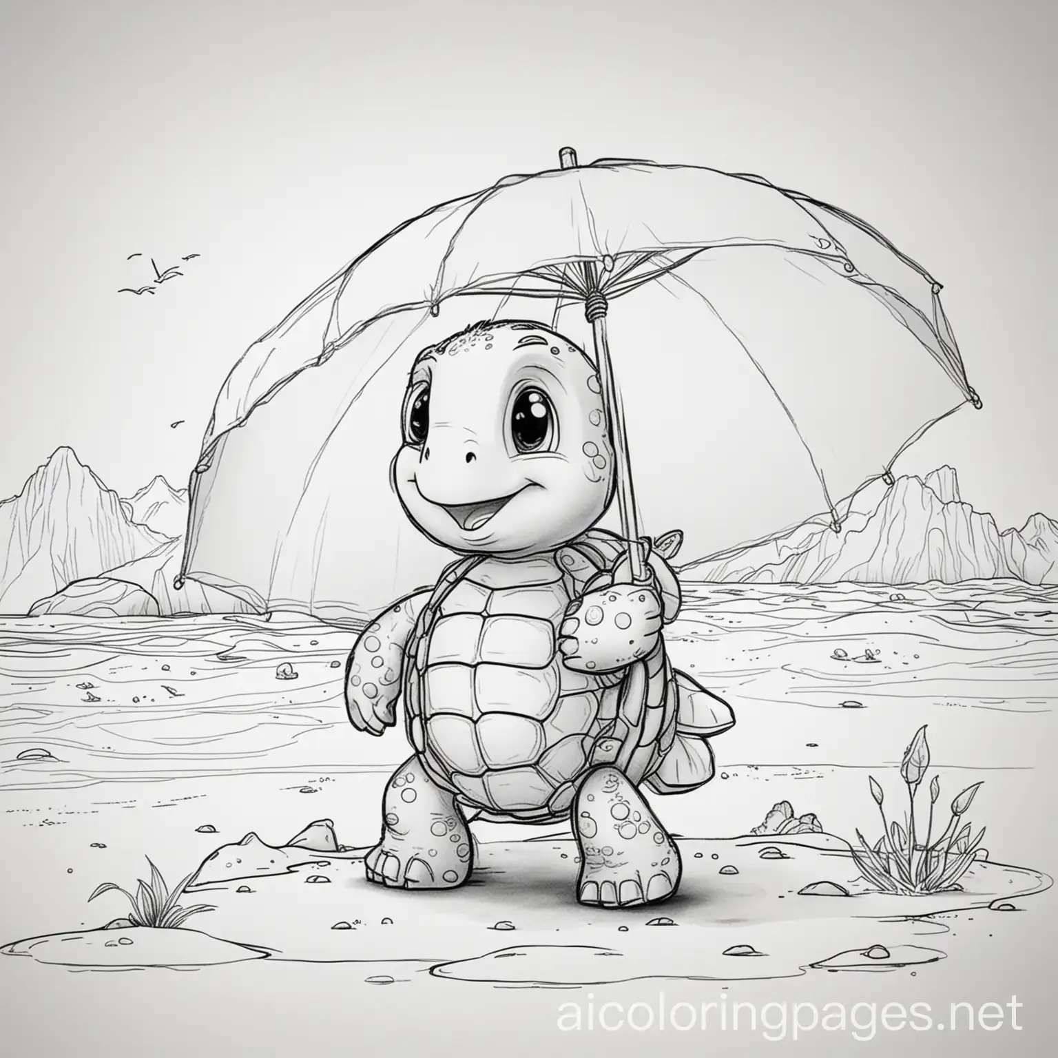 Cartoon-Turtle-Holding-Umbrella-on-Beach-Coloring-Page