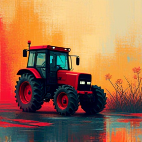 Red Tractors Across the Fields